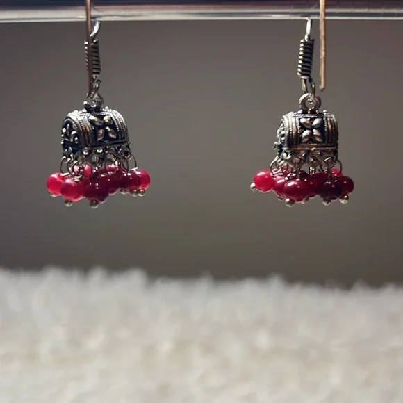 Silver and Red Beaded Earrings - Picture 2 of 4